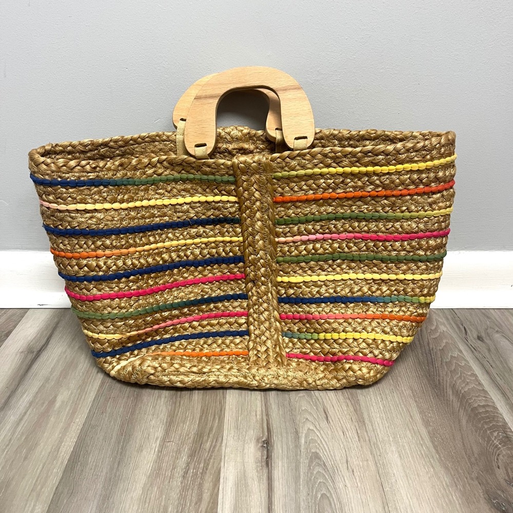 Antik Kraft for Anthropologie‎ Tan Rainbow Striped 100% Jute Tote Bag Large